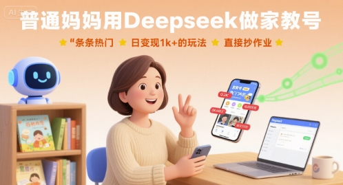 普通妈妈用Deepseek做家教号，条条热门，日变现1k+的玩法，直接抄作业-沧海聊项目