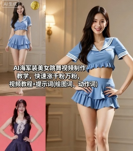AI海军装美女跳舞视频制作教学，快速涨千粉万粉，视频教程+提示词(绘图词、动作词)-沧海聊项目