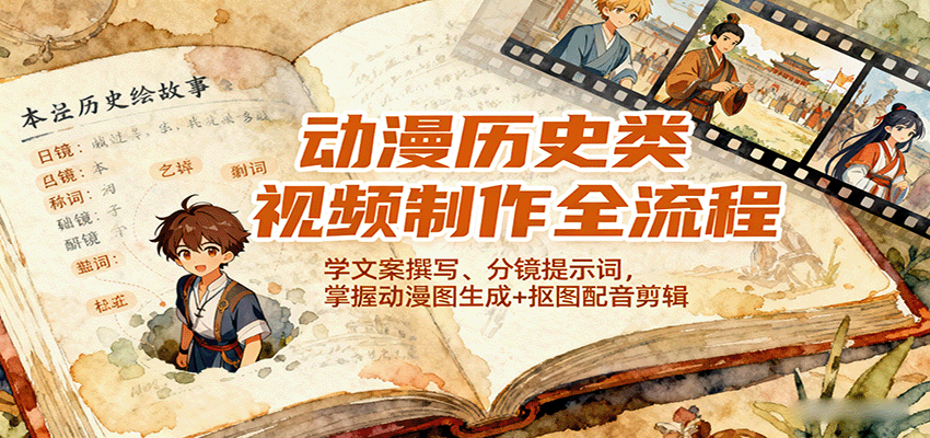 动漫历史类视频制作全流程，学文案撰写、分镜提示词，掌握动漫图生成+抠图配音剪辑-沧海聊项目