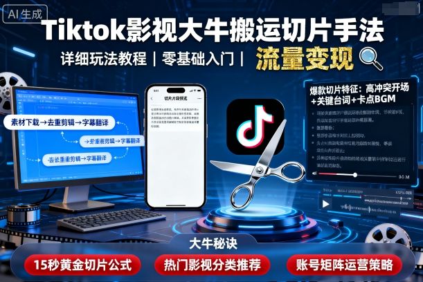 Tiktok影视大牛搬运切片手法，详细玩法教程-沧海聊项目