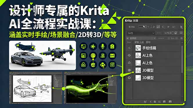 设计师专属的Krita AI全流程实战课：涵盖实时手绘/场景融合/2D转3D/等等-沧海聊项目