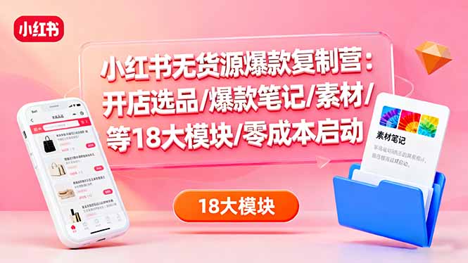 小红书无货源爆款复制营：开店选品/爆款笔记/素材/等18大模块/零成本启动-沧海聊项目