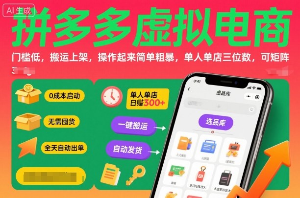 拼多多虚拟电商，门槛低，搬运上架，操作起来简单粗暴，单人单店三位数，可矩阵-沧海聊项目