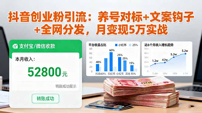抖音创业粉引流：养号对标+文案钩子+全网分发，月变现5万实战-沧海聊项目