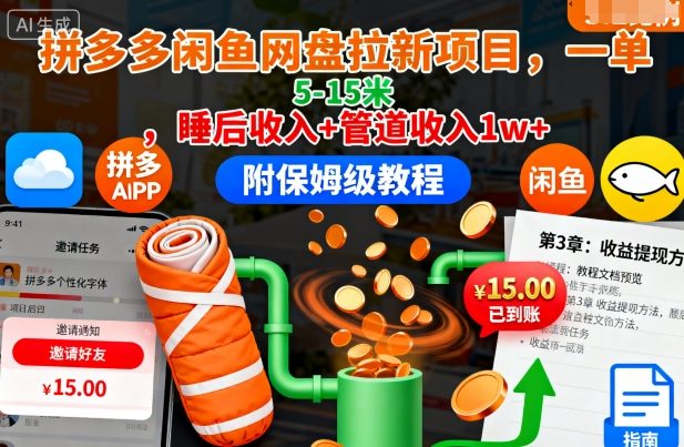 拼多多闲鱼网盘拉新项目，一单5-15米，睡后收入+管道收入1w+(附保姆级教程)-沧海聊项目