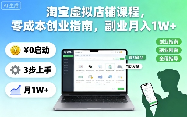 淘宝虚拟店铺课程，零成本创业指南，副业月入1W+-沧海聊项目