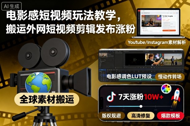 电影感短视频玩法教学，搬运外网短视频剪辑发布涨粉-沧海聊项目