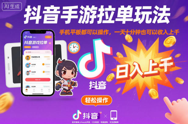 抖音手游拉单玩法，手机平板都可以操作，一天十分钟也可以收入上K【揭秘】-沧海聊项目