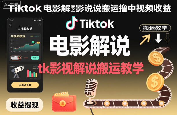 Tiktok电影解说搬运撸中视频收益，tk影视解说搬运教学-沧海聊项目