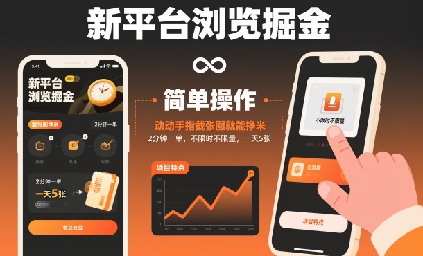 新平台浏览掘金，动动手指截张图就能挣米，2分钟一单，不限时不限量，一天5张【揭秘】-沧海聊项目