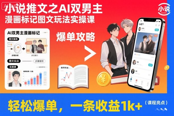 小说推文之AI双男主漫画标记图文玩法实操课，轻松爆单，一条收益1k+-沧海聊项目