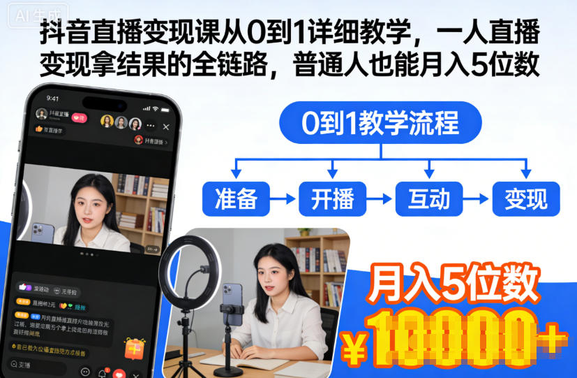 抖音直播变现课从0到1详细教学，一人直播变现拿结果的全链路，普通人也能月入5位数-沧海聊项目