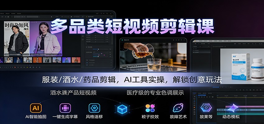 多品类短视频剪辑课：服装/酒水/药品剪辑，AI工具实操，解锁创意玩法-沧海聊项目