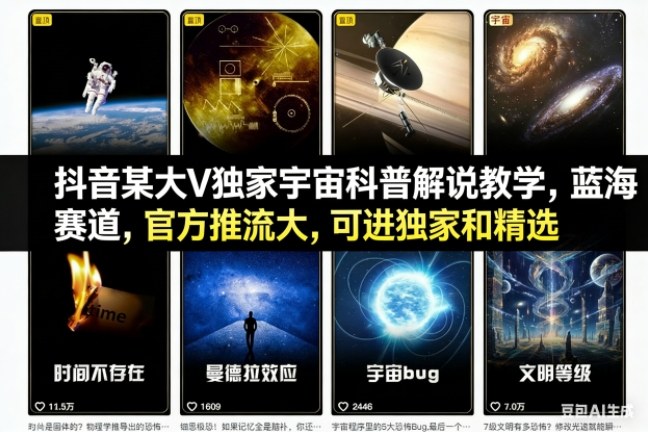 抖音某大V独家宇宙科普解说教学，蓝海赛道，官方推流大，可进独家和精选-沧海聊项目