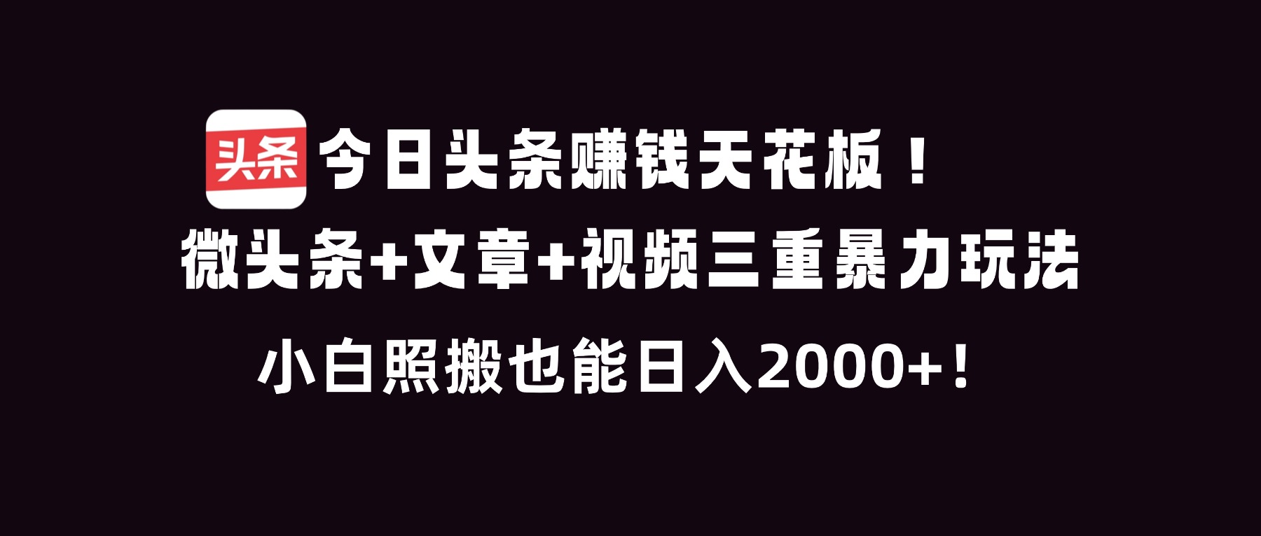 今日头条赚钱天花板！微头条+文章+视频三重暴利玩法，小白照搬也能日人2000+-沧海聊项目