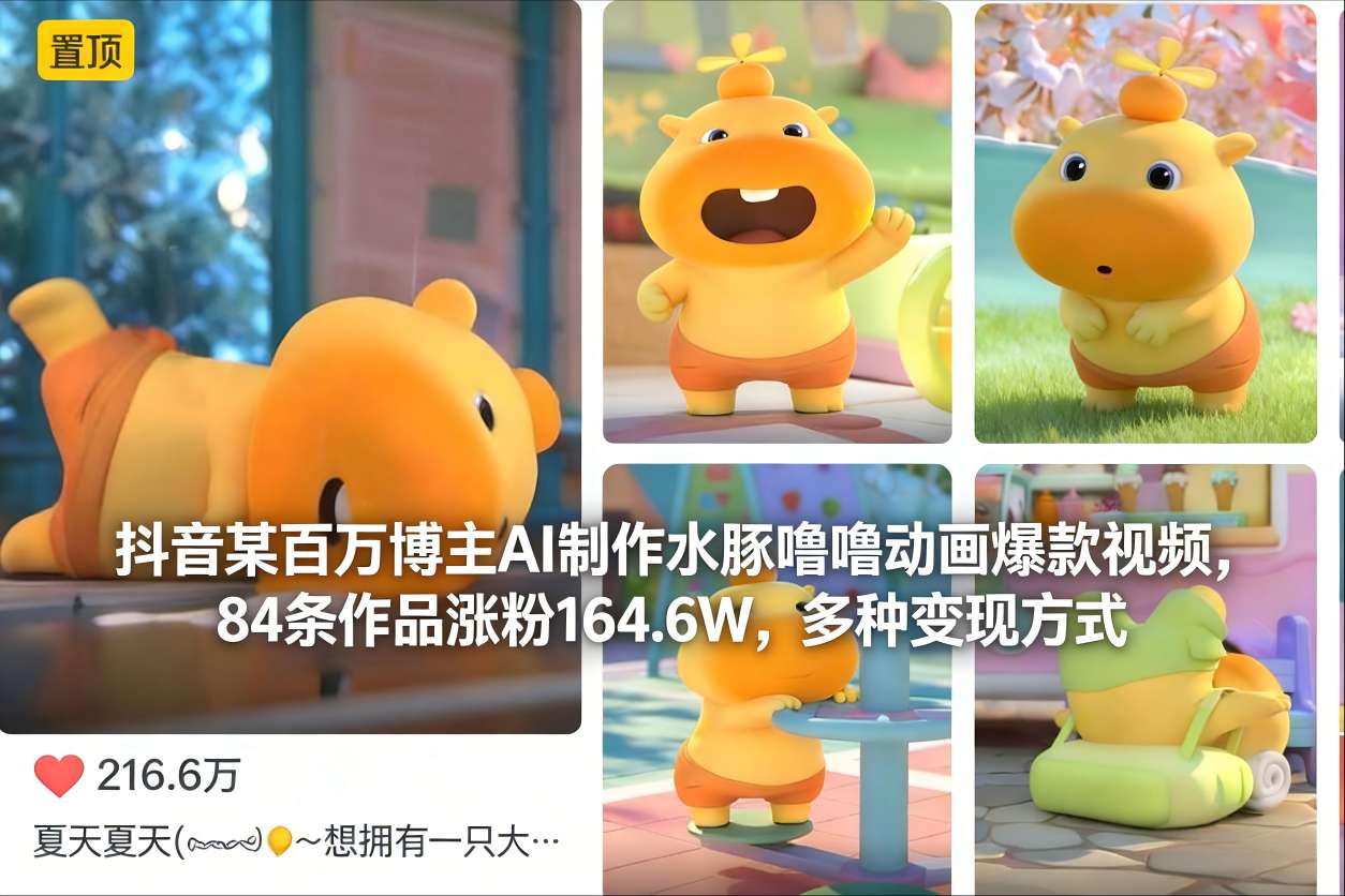 抖音某百万博主AI制作水豚噜噜动画爆款视频，84条作品涨粉164.6W，多种变现方式-沧海聊项目