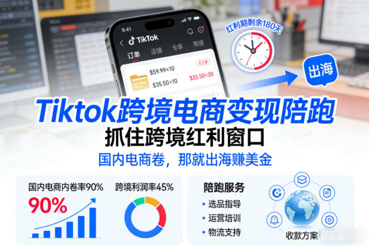 Tiktok跨境电商变现陪跑，抓住跨境红利窗口，国内电商卷，那就出海賺美金-沧海聊项目