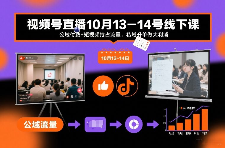 视频号直播10月13-14号线下课，公域付费+短视频抢占流量，私域升单做大利消-沧海聊项目