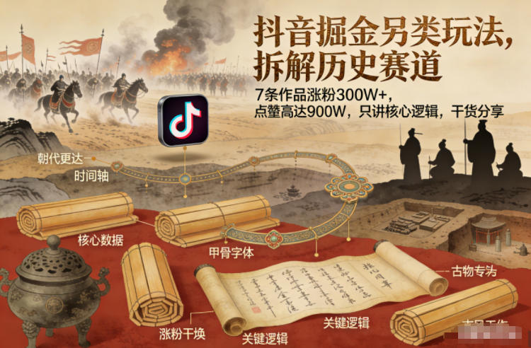 抖音掘金另类玩法，拆解历史赛道，7条作品涨粉300W+，点赞量高达900W，只讲核心逻辑，干货分享-沧海聊项目