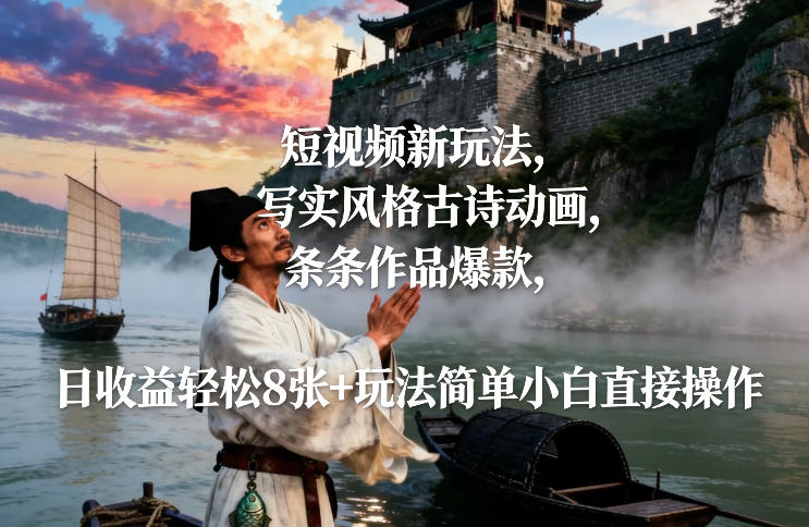 短视频新玩法，写实风格古诗动画，条条作品爆款，日收益轻松8张+玩法简单小白直接操作-沧海聊项目
