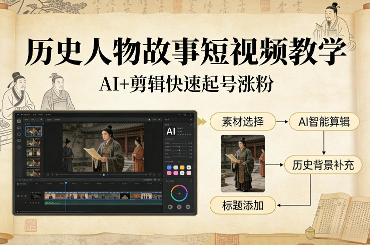 历史人物故事短视频教学，AI+剪辑制作历史人物题材短视频，快速起号涨粉-沧海聊项目