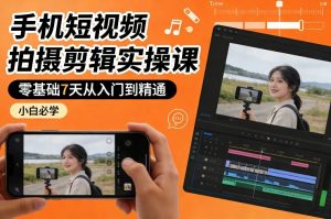 手机短视频拍摄剪辑实操课，零基础7天从入门到精通，小白必学-沧海聊项目