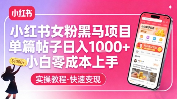 小红书女粉黑马项目，单篇帖子日入1k+，小白零成本上手-沧海聊项目