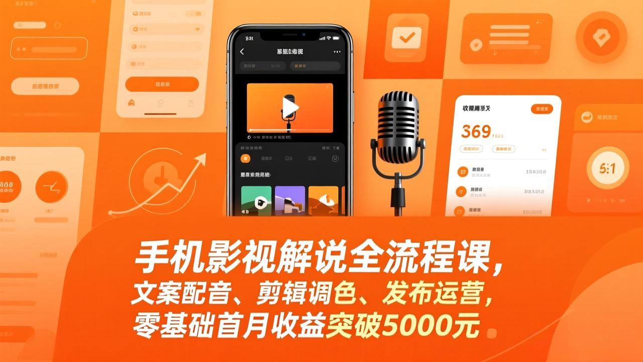 手机影视解说全流程课，文案配音、剪辑调色、发布运营，零基础首月收益突破5000元-沧海聊项目
