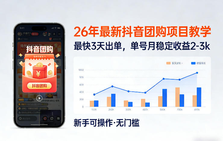 26年最新抖音团购项目教学，0门槛，最快3天出单，单号月稳定收益2-3k-沧海聊项目