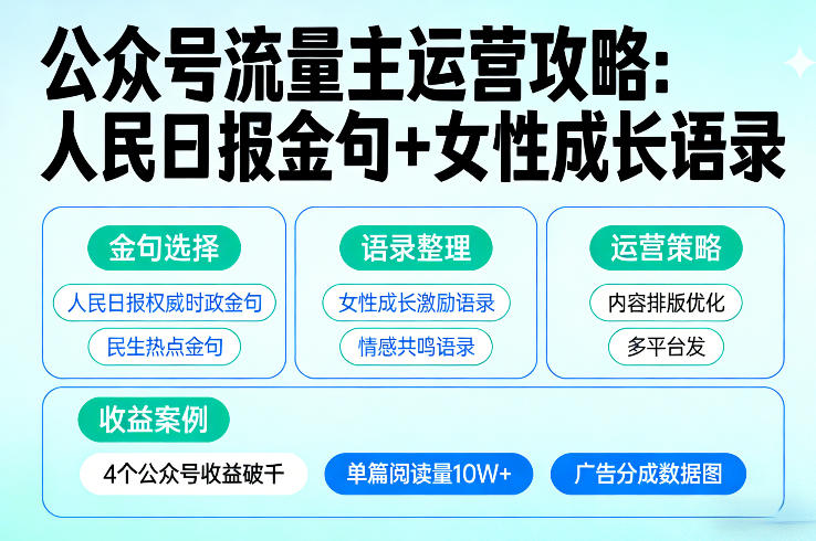 利用人民日报金句+女性成长语录做公众号流量主，4个公众号收益破千-沧海聊项目