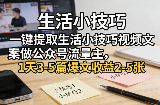 一键提取生活小技巧视频文案做公众号流量主，1天3-5篇爆文收益2-5张-沧海聊项目