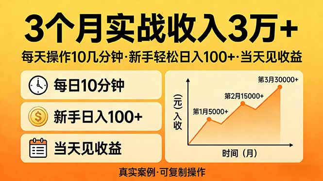 3个月实战收入3万+，每天操作10几分钟，新手轻松日入100+，当天见收益-沧海聊项目