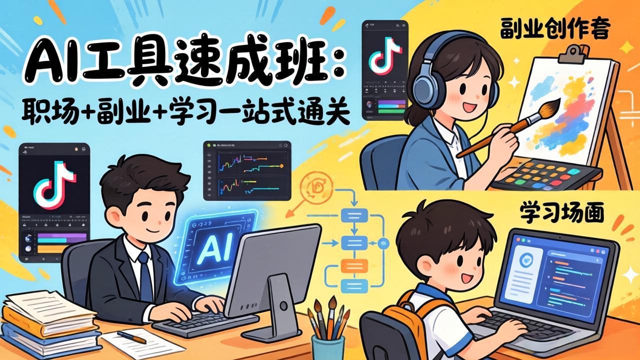 AI工具速成班：职场+副业+学习一站式通关，20+爆款类型+剪映技巧+抖音算法，0基础快速上手-沧海聊项目