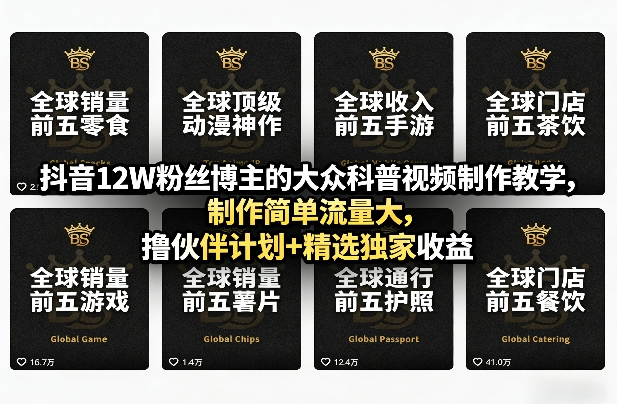 抖音12W粉丝博主的大众科普视频制作教学，制作简单流量大，撸伙伴计划+精选独家收益-沧海聊项目