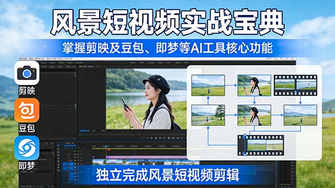 风景短视频实战宝典：掌握剪映及豆包、即梦等AI工具的核心功能，独立完成风景短视频剪辑-沧海聊项目