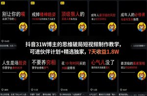 抖音31W博主的思维破局短视频制作教学，可进伙伴计划+精选独家，7天收益1.8W-沧海聊项目