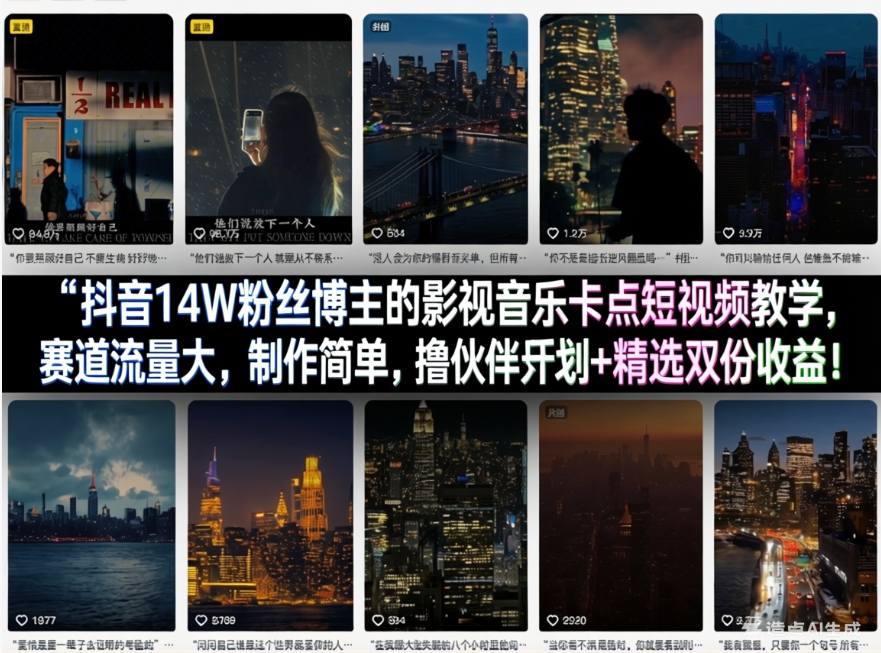 抖音14W粉丝博主的影视音乐卡点短视频教学，赛道流量大，制作简单，撸伙伴计划+精选双份收益！-沧海聊项目