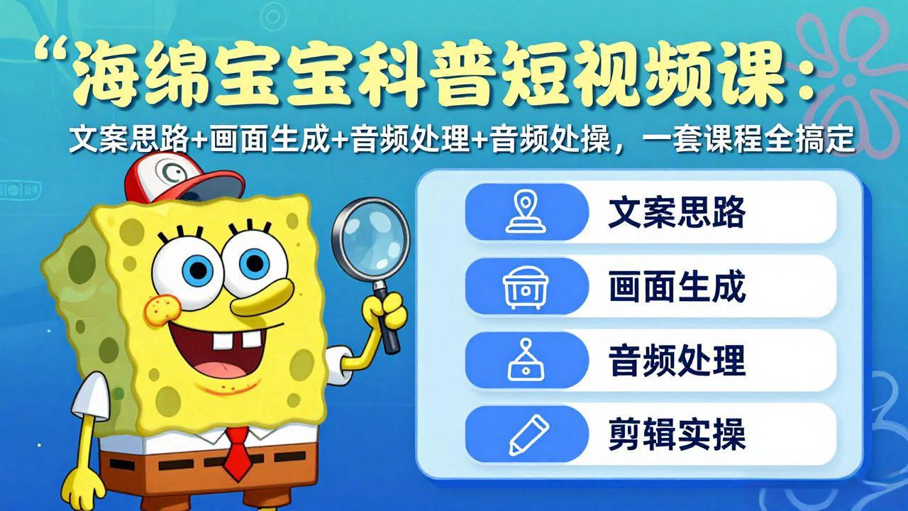 海绵宝宝科普短视频课：文案思路+画面生成+音频处理+剪辑实操，一套课程全搞定-沧海聊项目