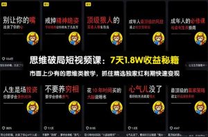 思维破局短视频课：7天1.8W收益秘籍：市面上少有的思维类教学，抓住精选独家红利期快速变现-沧海聊项目
