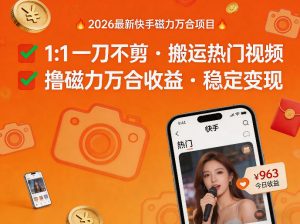 2026年最新快手磁力万合项目，1比1一刀不剪搬运热门视频，撸磁力万合收益-沧海聊项目