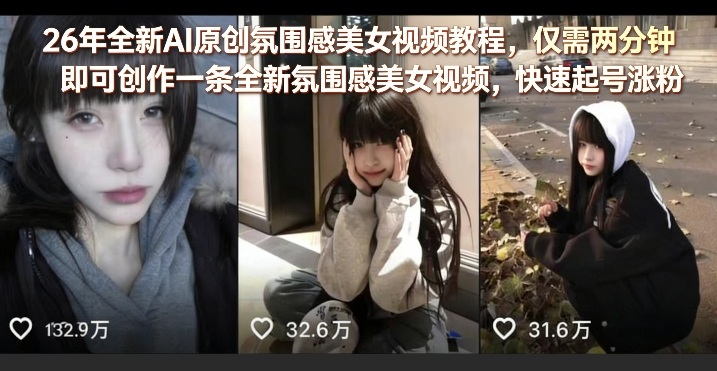 26年全新AI原创氛围感美女视频教程，仅需两分钟即可创作一条全新氛围感美女视频，快速起号涨粉-沧海聊项目