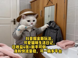 抖音掘金新玩法，可爱猫咪生活日记，日收益4张+新手可做，涨粉快流量稳，可一稿多平台-沧海聊项目