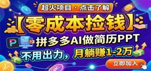 零成本捡钱，拼多多AI做简历PPT，不用出力，月躺赚1-2万-沧海聊项目