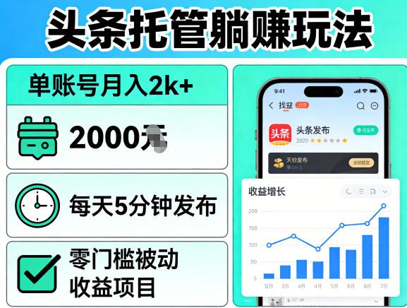 头条托管躺賺玩法，单账号月入2k+，每天5分钟发布即可，零门槛被动收益项目【揭秘】-沧海聊项目