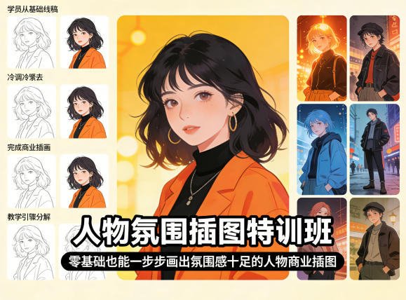 人物氛围插图特训班，零基础也能一步步画出氛围感十足的人物商业插图-沧海聊项目