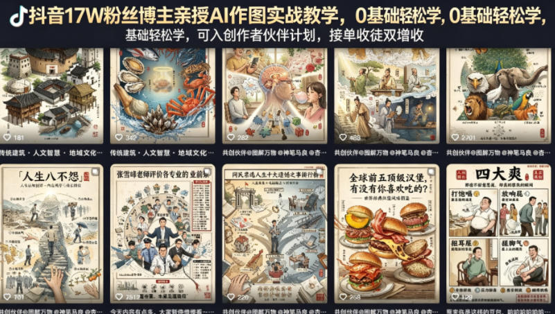 抖音17W粉丝博主亲授AI作图实战教学，0基础轻松学，可入创作者伙伴计划，接单收徒双增收-沧海聊项目
