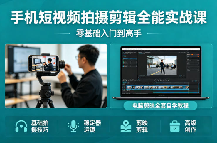 手机短视频拍摄剪辑全能实战课：零基础入门到高手，稳定器运镜+电脑剪映全套自学教程-沧海聊项目