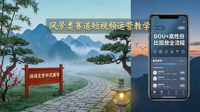风景类赛道短视频运营教学：诗词文学中式美学，新号养号对标账号定位，DOU+高性价比投放全流程-沧海聊项目
