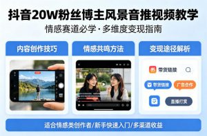 抖音20W粉丝博主风景音推视频教学，情感赛道必学，各种变现途径-沧海聊项目