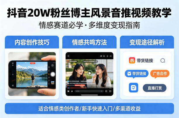 抖音20W粉丝博主风景音推视频教学，情感赛道必学，各种变现途径-沧海聊项目